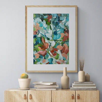 small A3 original painting of blue and orange flowers in a garden