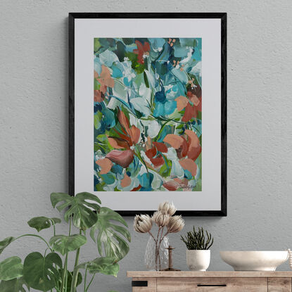 small A3 original painting of blue and orange flowers in a garden