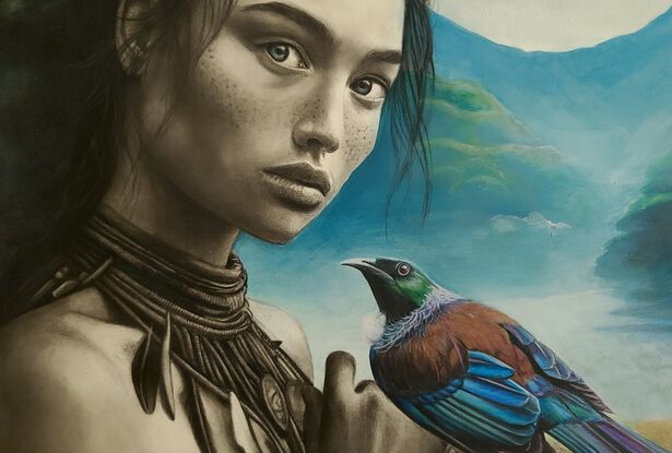 Portrait of a Maori woman with a Tui perched on her hands.  New Zealand nature scene in the background.