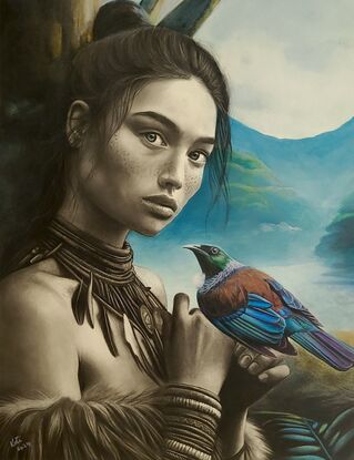 Portrait of a Maori woman with a Tui perched on her hands.  New Zealand nature scene in the background.