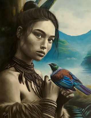 Portrait of a Maori woman with a Tui perched on her hands.  New Zealand nature scene in the background.