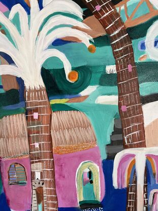 Vibrant abstract artwork depicting a village, river, palm trees and colorful buildings. 