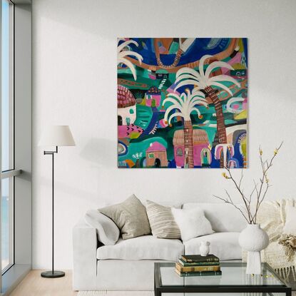 Vibrant abstract artwork depicting a village, river, palm trees and colorful buildings. 