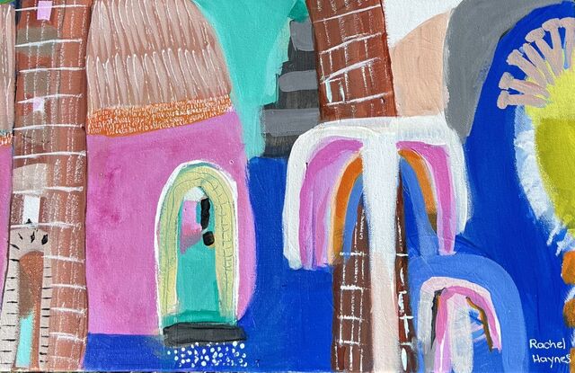 Vibrant abstract artwork depicting a village, river, palm trees and colorful buildings. 