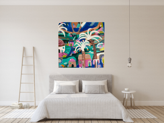 Vibrant abstract artwork depicting a village, river, palm trees and colorful buildings. 