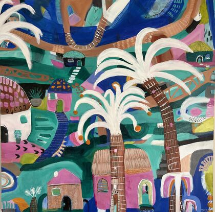 Vibrant abstract artwork depicting a village, river, palm trees and colorful buildings. 