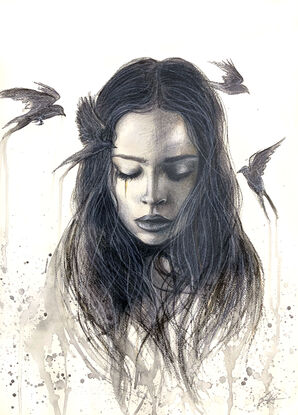 A mixed media drawing of a girl with swallows flying around her,  from Sydney artist Leni Kae.