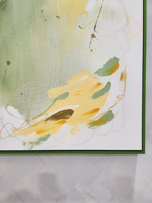 colourful green and yellow tones in acrylic paint, layers of colour and oil pastel free drawn lines