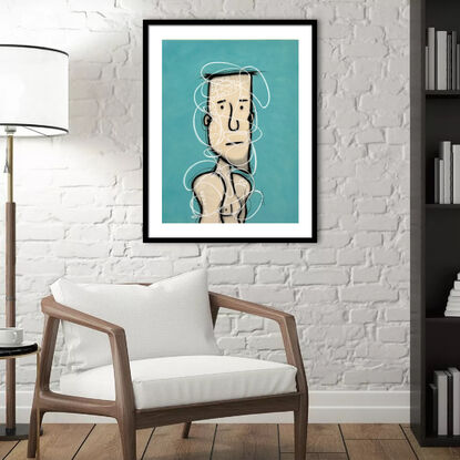 Contemporary abstract minimalist figurative portrait art pastel drawing by Sabina D'Antonio, with teal and neutral colours.