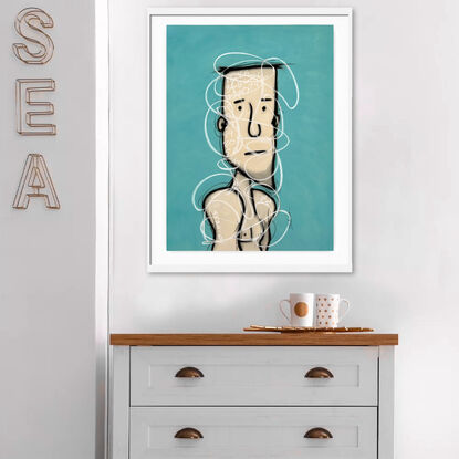 Contemporary abstract minimalist figurative portrait art pastel drawing by Sabina D'Antonio, with teal and neutral colours.