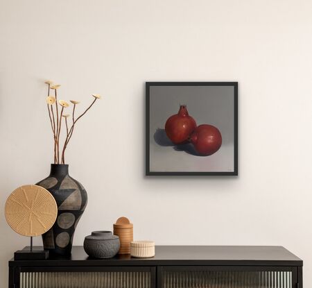 This painting celebrates the simplicity of the pomegranate and the beauty of this red fruit. Framed in a bespoke black timber frame. 