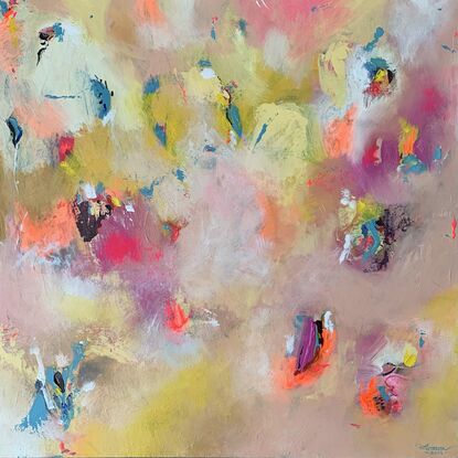 Abstract piece that embodies transformation and delicate beauty, movement and softness.Pastel tones with bright pink , orange, sky blue accents. Abstract happiness.