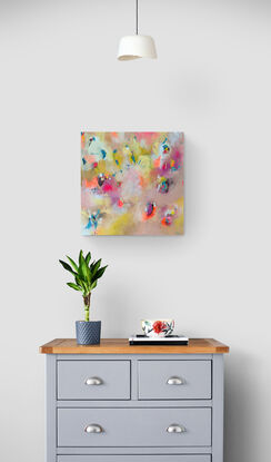 Abstract piece that embodies transformation and delicate beauty, movement and softness.Pastel tones with bright pink , orange, sky blue accents. Abstract happiness.