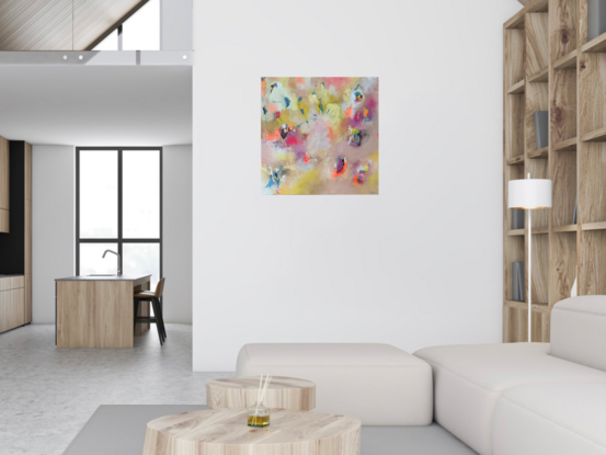 Abstract piece that embodies transformation and delicate beauty, movement and softness.Pastel tones with bright pink , orange, sky blue accents. Abstract happiness.