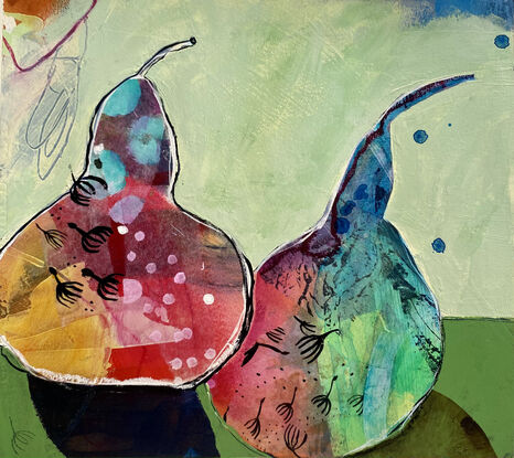 A pair of rainbow coloured abstract pears with mint background