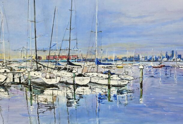 A landscape oil painting of boats at Williamstown in Melbourne, Victoria. The water and sky are blue and the boats are white. Their masts are reflected in the water. The city can be seen in the background.