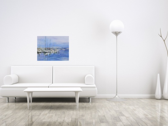 A landscape oil painting of boats at Williamstown in Melbourne, Victoria. The water and sky are blue and the boats are white. Their masts are reflected in the water. The city can be seen in the background.