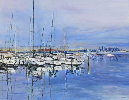 A landscape oil painting of boats at Williamstown in Melbourne, Victoria. The water and sky are blue and the boats are white. Their masts are reflected in the water. The city can be seen in the background.