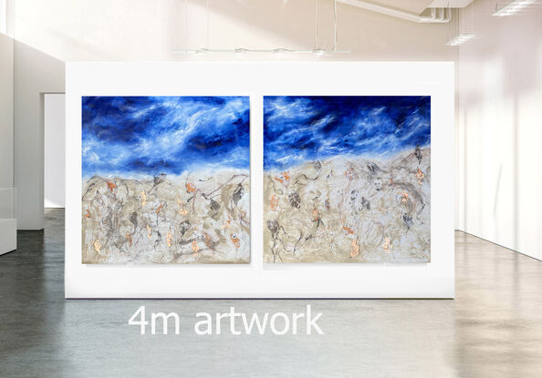 A huge abstract painting of a desert and wild flowers with dark blue sky