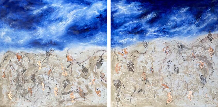 A huge abstract painting of a desert and wild flowers with dark blue sky