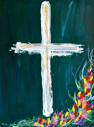 White Cross with yellow, red, purple, blue, pink flowers growing around the cross