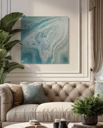 Acrylic fluid art painting titled "Perfect Adventure". The artwork features a swirling blend of soft blues, whites, and subtle hints of gold, creating an oceanic and ethereal effect. The fluid patterns resemble flowing water, evoking a sense of calm and adventure. The painting has a glossy finish that enhances its vibrant colors and intricate details.