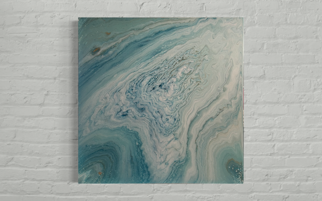 Acrylic fluid art painting titled "Perfect Adventure". The artwork features a swirling blend of soft blues, whites, and subtle hints of gold, creating an oceanic and ethereal effect. The fluid patterns resemble flowing water, evoking a sense of calm and adventure. The painting has a glossy finish that enhances its vibrant colors and intricate details.