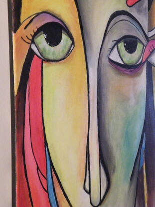 a  very colorful painting showing two abstract pop art style sisters maybe from the play Cinderella. 