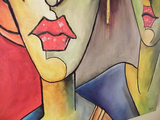 a  very colorful painting showing two abstract pop art style sisters maybe from the play Cinderella. 