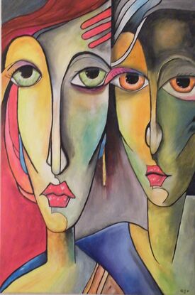 a  very colorful painting showing two abstract pop art style sisters maybe from the play Cinderella. 