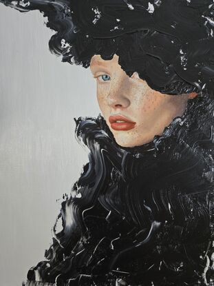 A portrait of a fashionable lady wearing a black garment which is represented by textural abstract black paint.