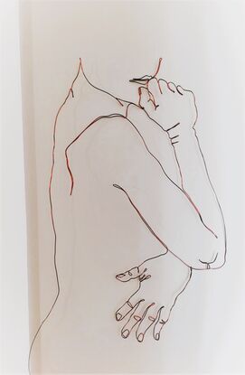 A wire sculpture. Single line drawing of a nude female looking over her shoulder