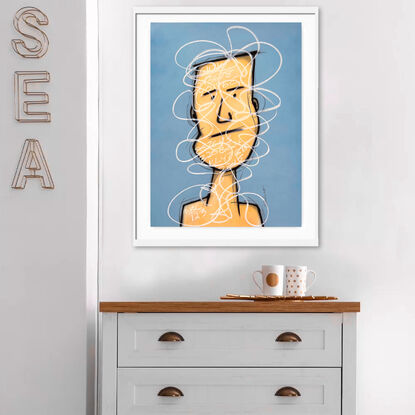 Contemporary abstract minimalist figurative portrait art pastel drawing by Sabina D'Antonio, with Indigo blue and neutral tan colours.