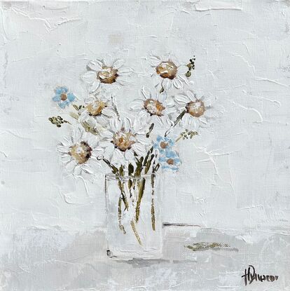 Still Life painting of daisies and forget-me-nots in glass  vase.
