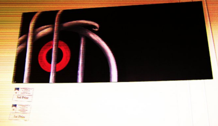 An oblong widescreen canvas shape with a black background, features interlocking silver arches and bars to the left of the composition. A red disc is hidden behind the bars, cut straight through by a white line, like an eye trapped inside a cage. 