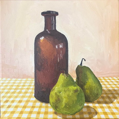 Antique bottle, pears on gingham tablecloth