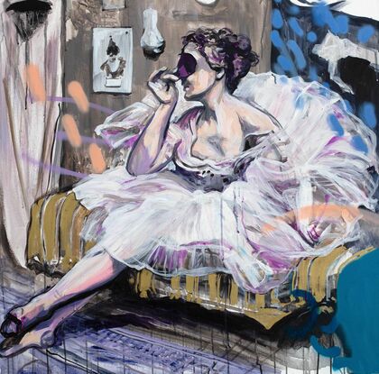 A masked ballerina sits in a room painted in greys and lilacs, pinks and baby blue