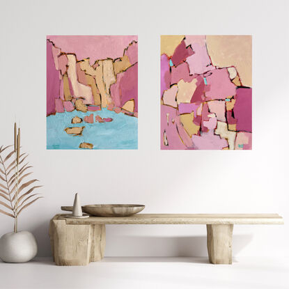 Two artworks created from a palette of blush pinks, pale yellow ochre and blue.