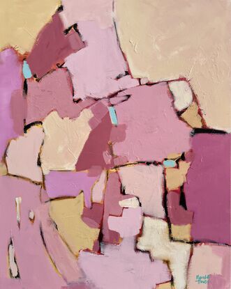 Two artworks created from a palette of blush pinks, pale yellow ochre and blue.