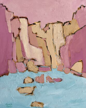 Two artworks created from a palette of blush pinks, pale yellow ochre and blue.