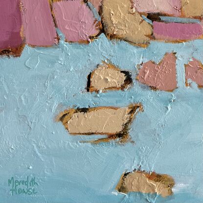 Two artworks created from a palette of blush pinks, pale yellow ochre and blue.