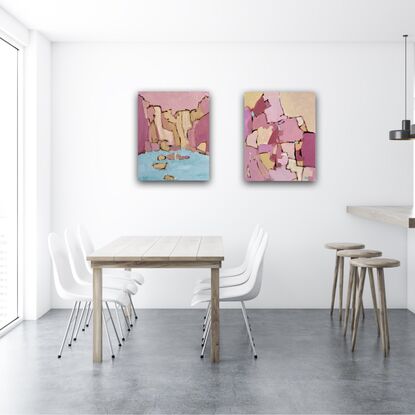 Two artworks created from a palette of blush pinks, pale yellow ochre and blue.