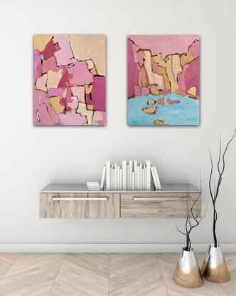 Two artworks created from a palette of blush pinks, pale yellow ochre and blue.