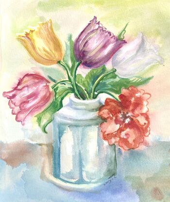 A bunch of tulips in a vase in watercolour.