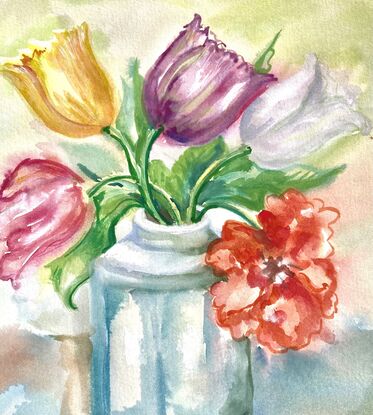 A bunch of tulips in a vase in watercolour.