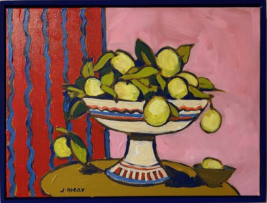 a modernist still life with bright red and pink background. A white pedestal bowl of lemons sits on a rounded brown table