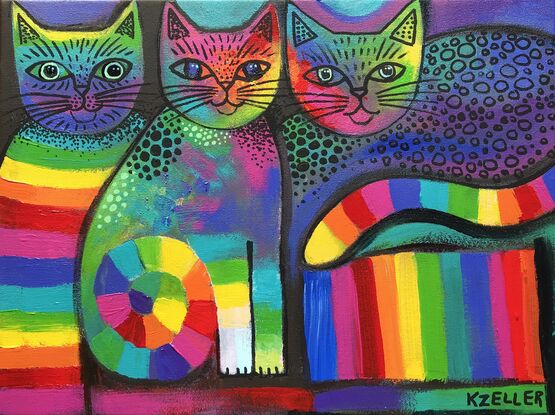 Three abstract, rainbow coloured cats.