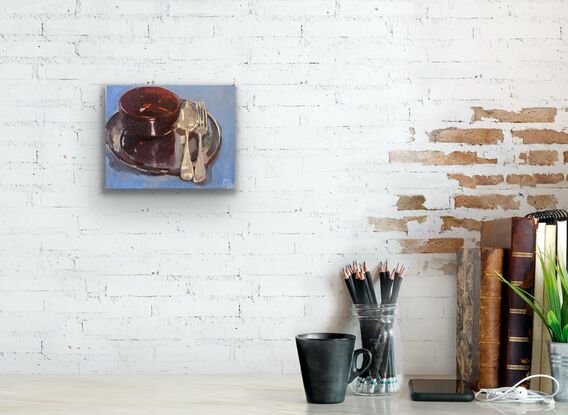 Vintage Cutlery on steel plate with ruby glass bowl. Garnet and solver hues. Painted quickly and expressively to capture the mood of the evening light on the metal and glass.