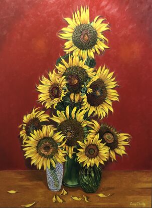 All sunflowers owe a homage and reflection back to Vincent Van Gogh, and I believe in terms of brightness and joyfulness, Vincent would be proud of this painting.
Painted on a 40mm wide stretch canvas and painted fully around the sides so no external picture frame is needed, it is a statement piece for any room.