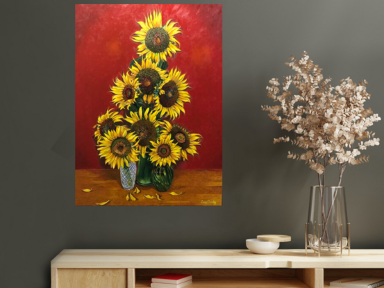 All sunflowers owe a homage and reflection back to Vincent Van Gogh, and I believe in terms of brightness and joyfulness, Vincent would be proud of this painting.
Painted on a 40mm wide stretch canvas and painted fully around the sides so no external picture frame is needed, it is a statement piece for any room.